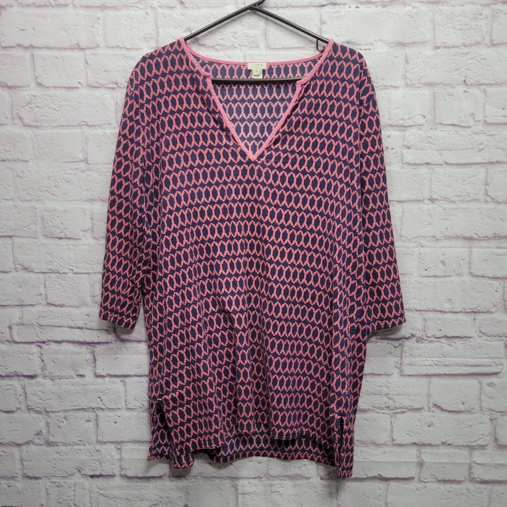 J‎ Crew Lightweight Tissue Tunic Top Size XL Pink Geometric V-Neck Popover Beach